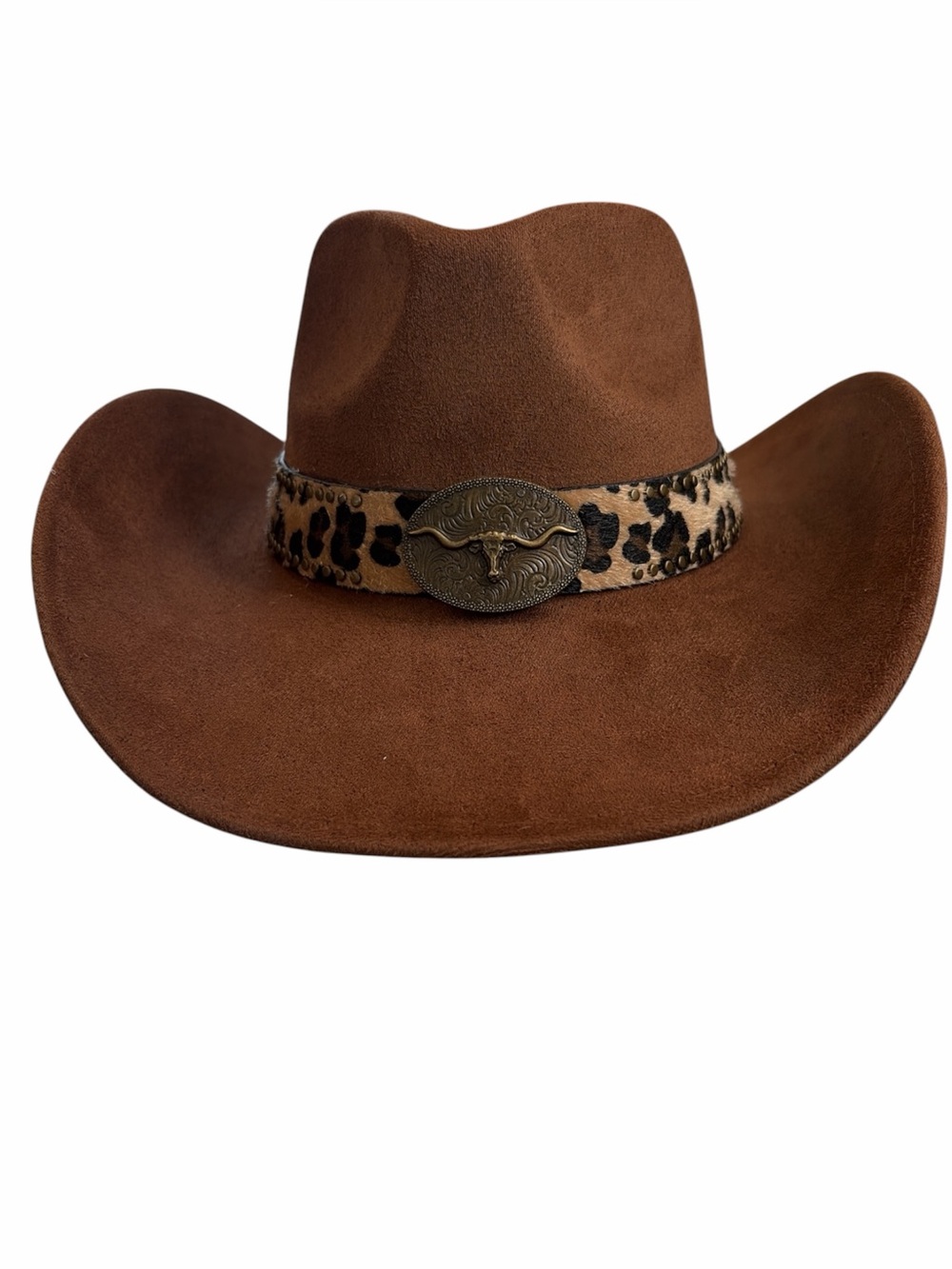 Western hat cowboy cowgirl leopard accent golden Longhorns steer buckle NWT